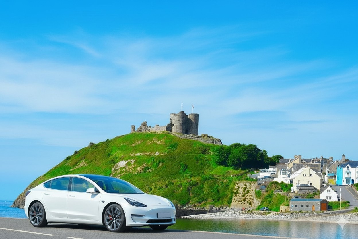 Electric Tesla taxi parked at Criccieth Castle North Wales