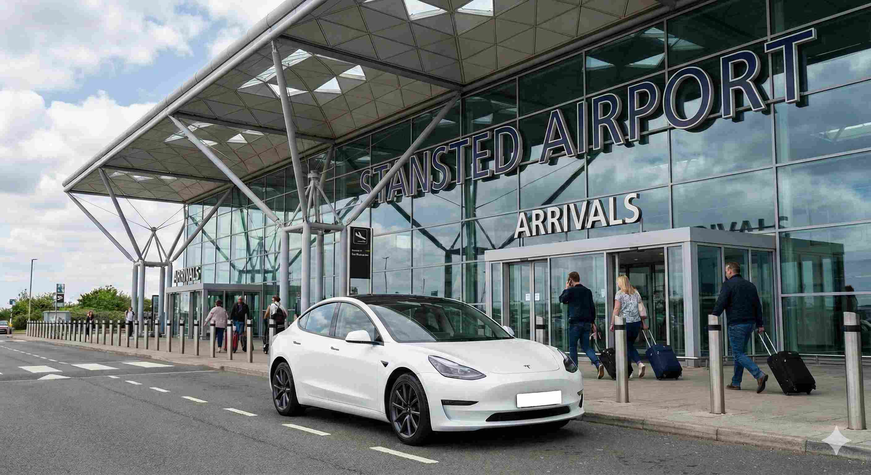 White Tesla Model 3 electric taxi at Stansted Airport terminal - Professional airport transfer service from North Wales
